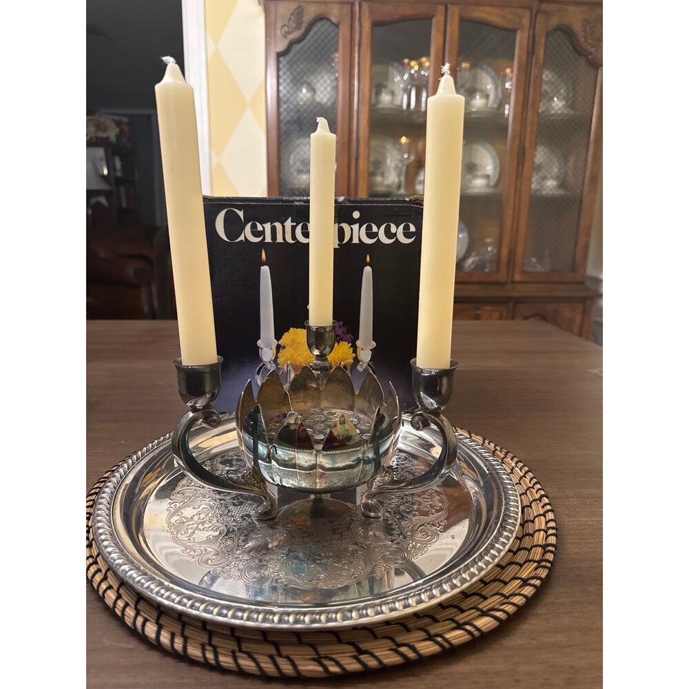 Vintage Leonard Silverplate 3 Arm Candle Centerpiece Pierced Bowl w Box